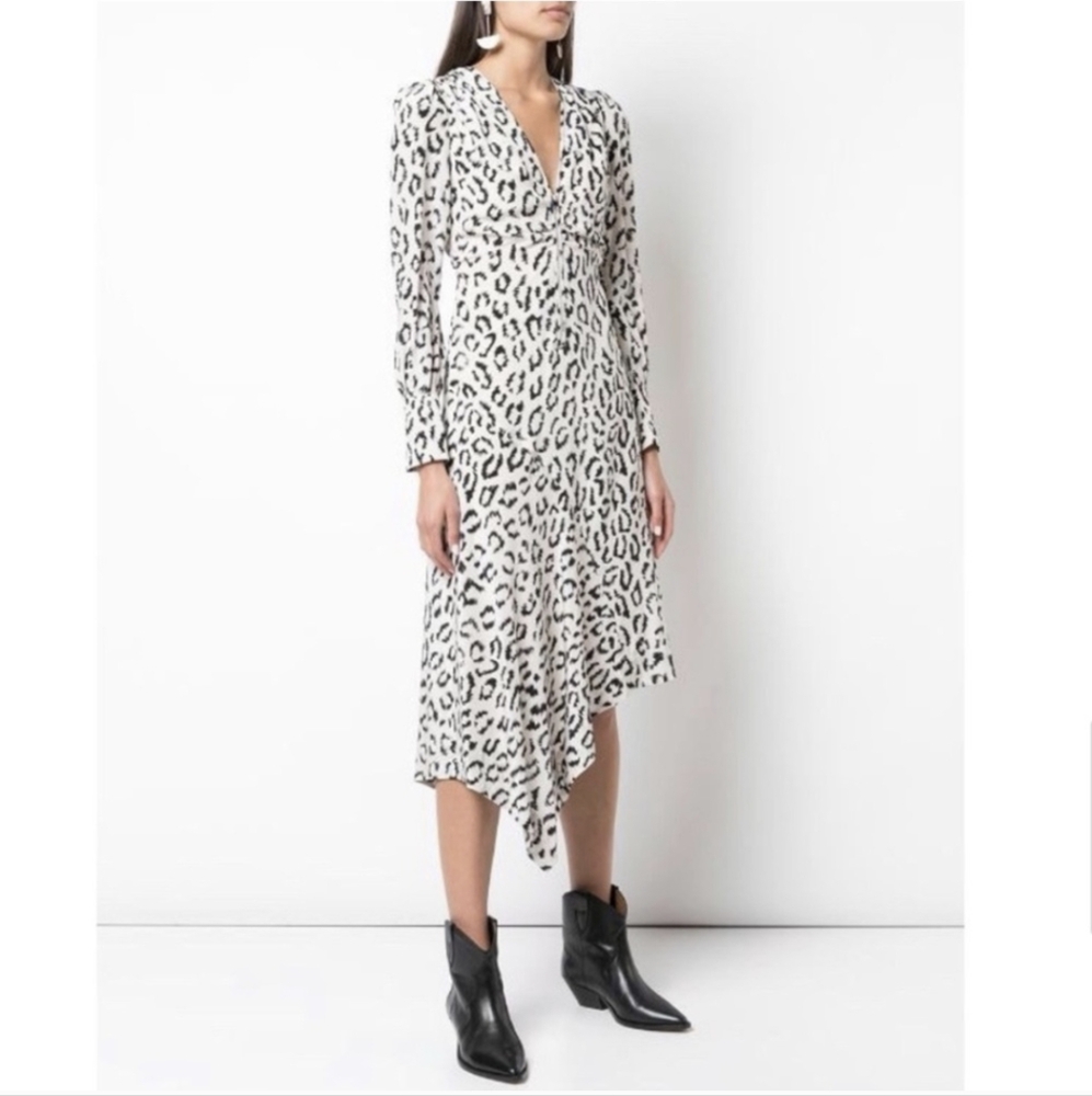 A.L.C. | Eden Leopard Print Long Sleeve 100% Silk Dress Size 0 Black Cream